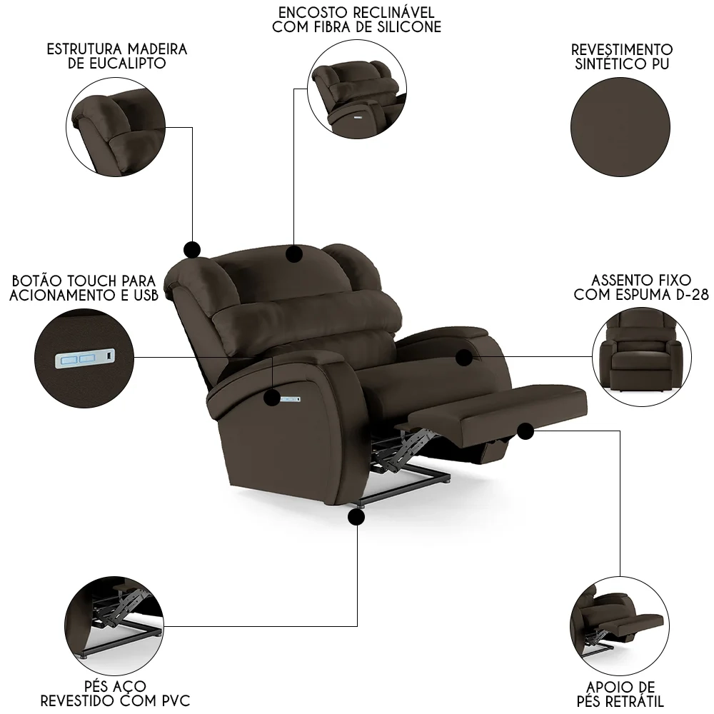 Poltrona do Papai Reclinável Kalie Elétrica Botão LED FH9 PU Marrom - Mpozenato