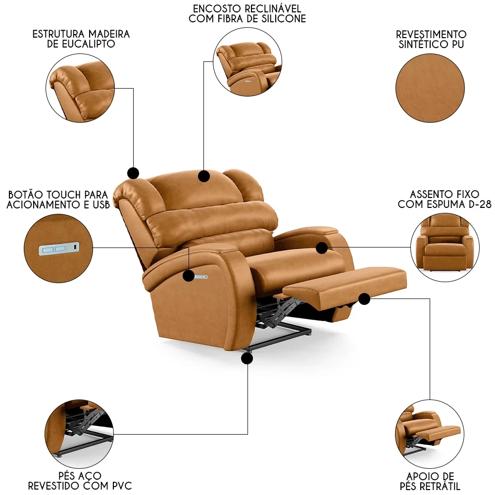 Poltrona do Papai Reclinável Kalie Elétrica Botão LED FH9 PU Whisky - Mpozenato