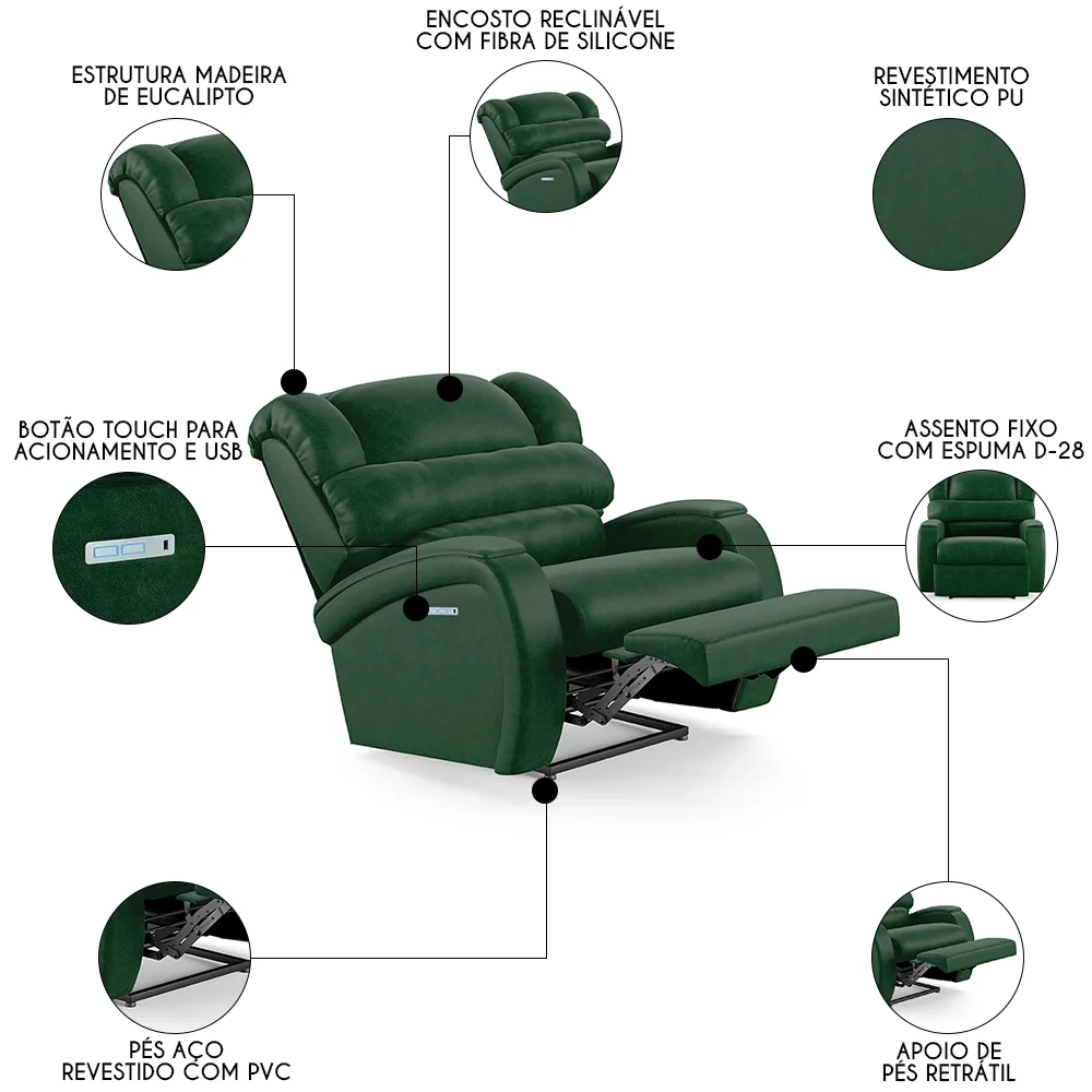 Poltrona do Papai Reclinável Kalie Elétrica Botão LED FH9 PU Verde Musgo - Mpozenato