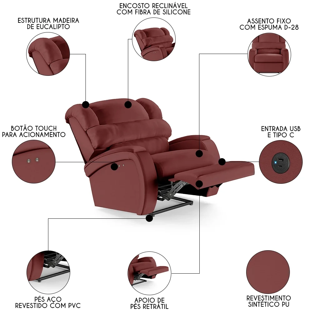 Poltrona do Papai Reclinável Kalie Power Touch USB FH9 PU Vermelho - Mpozenato