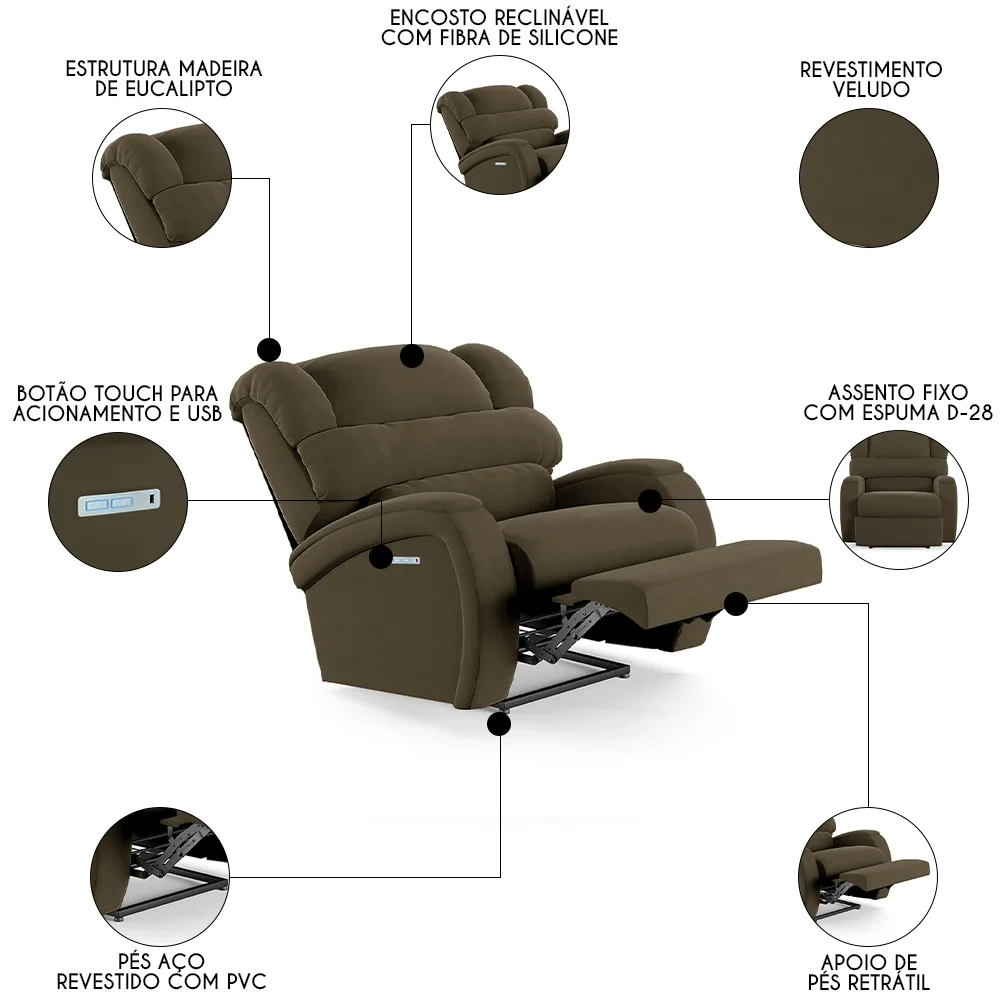 Poltrona do Papai Reclinável Kalie Elétrica Botão LED FH9 Veludo Capuccino - Mpozenato