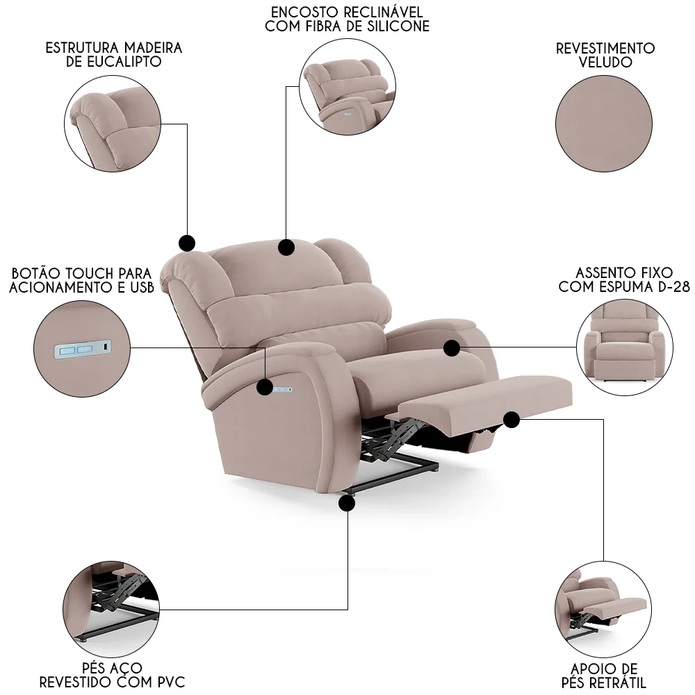 Poltrona do Papai Reclinável Kalie Elétrica Botão LED FH9 Veludo Rosê - Mpozenato