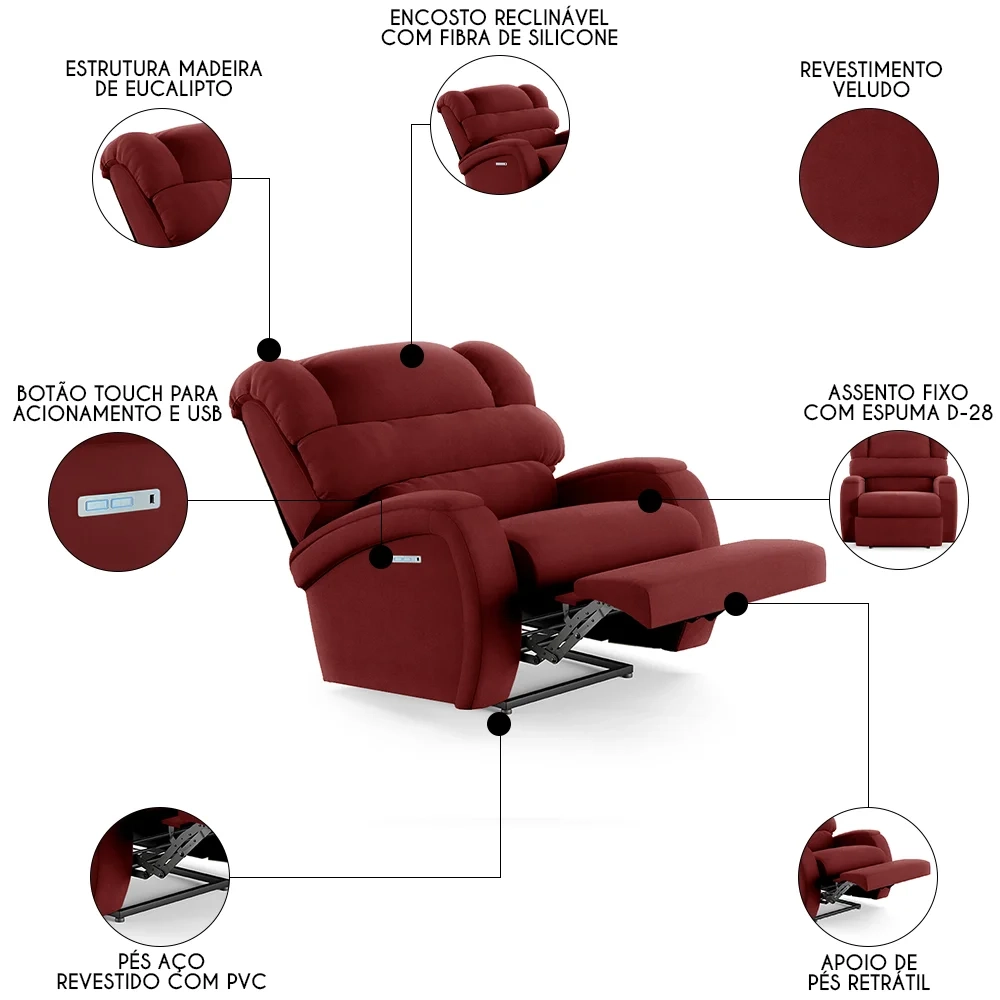 Poltrona do Papai Reclinável Kalie Elétrica Botão LED FH9 Veludo Vermelho - Mpozenato