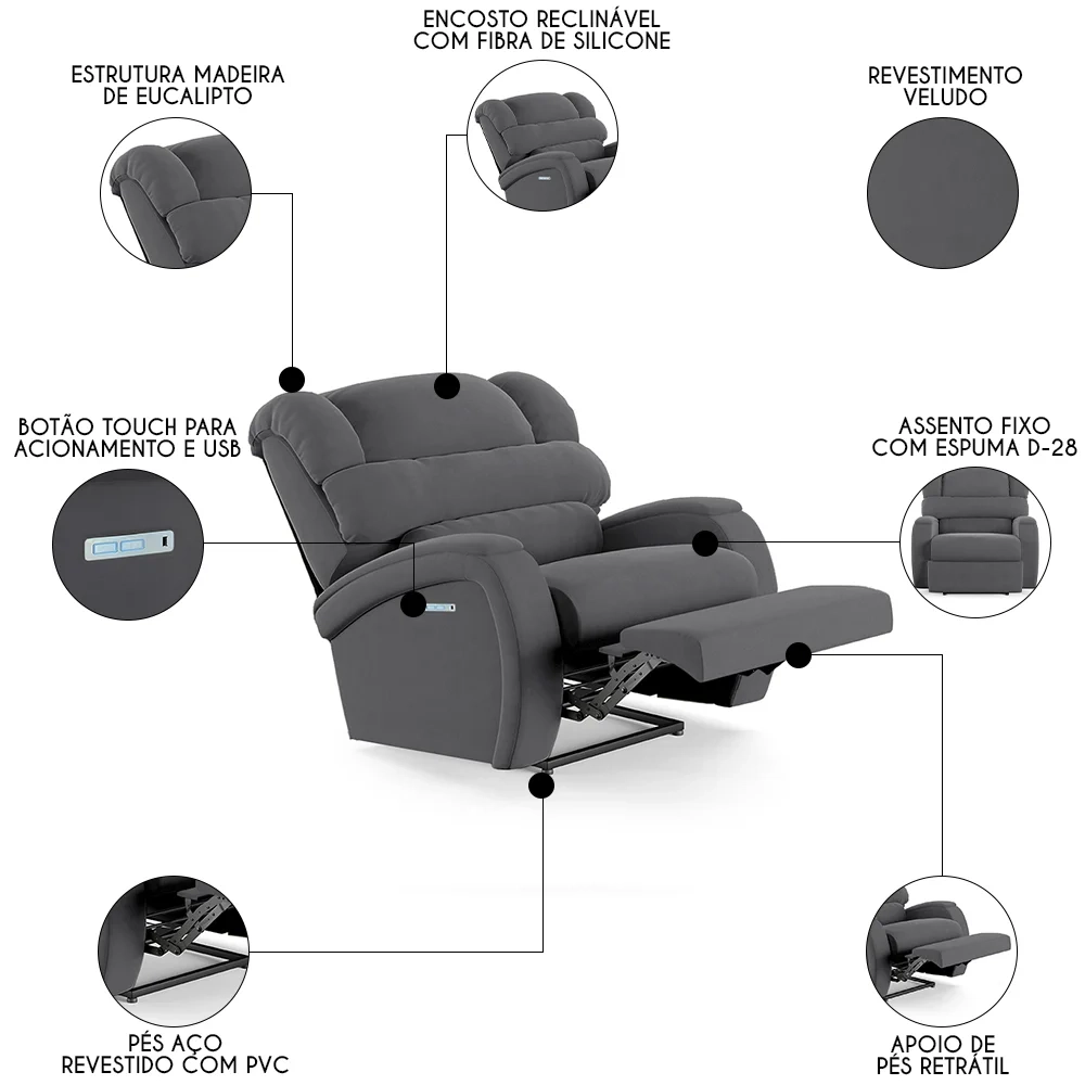Poltrona do Papai Reclinável Kalie Elétrica Botão LED FH9 Veludo Cinza - Mpozenato
