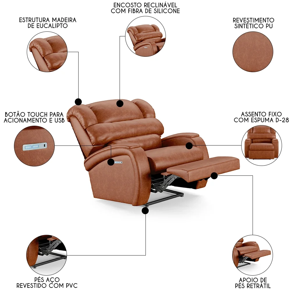 Poltrona do Papai Reclinável Kalie Elétrica Botão LED FH9 PU Caramelo Brilho - Mpozenato