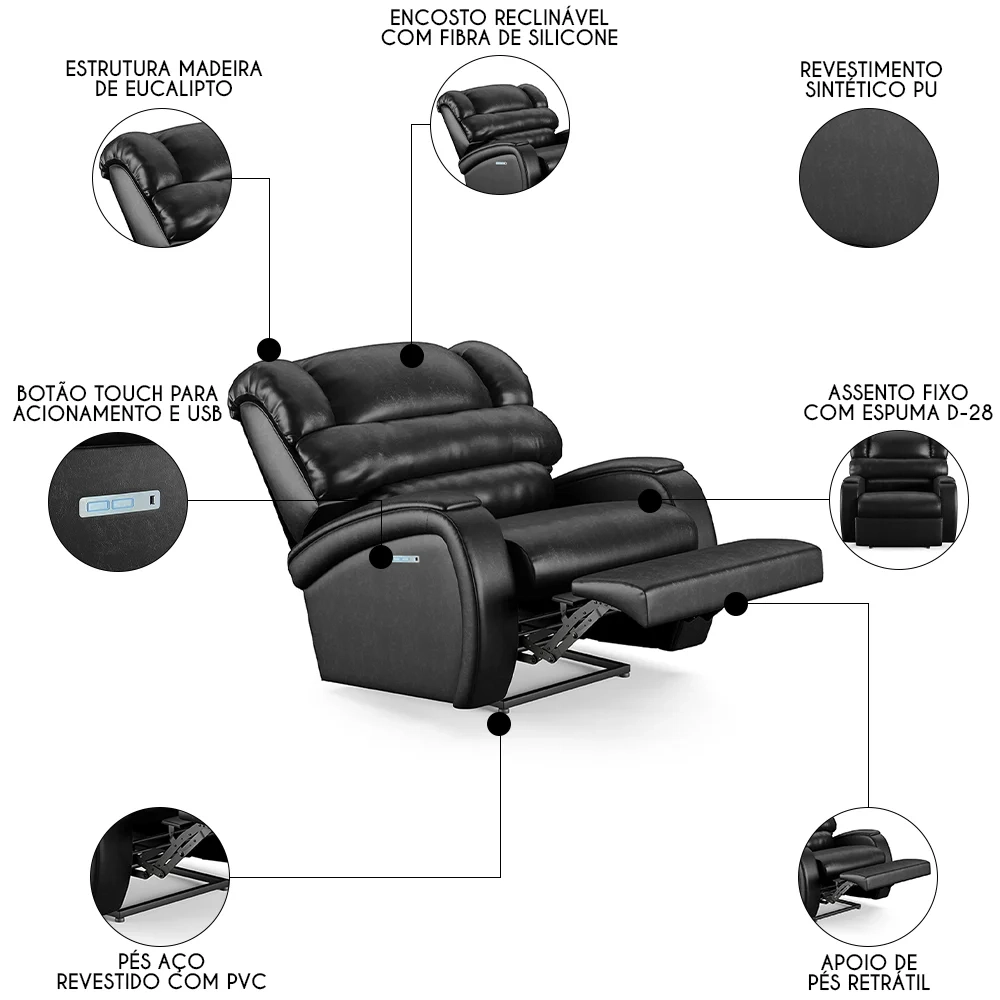 Poltrona do Papai Reclinável Kalie Elétrica Botão LED FH9 PU Preto Brilho - Mpozenato