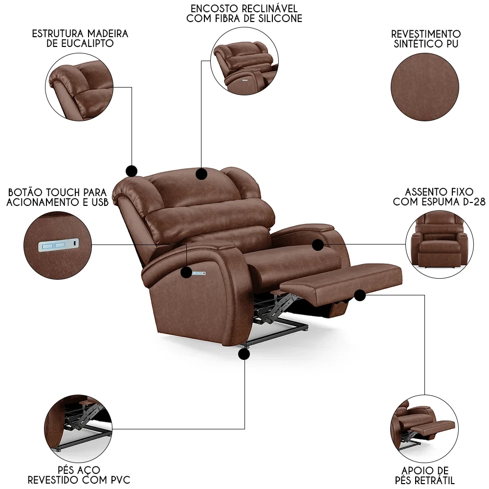 Poltrona do Papai Reclinável Kalie Elétrica Botão LED FH9 PU Marrom Brilho - Mpozenato