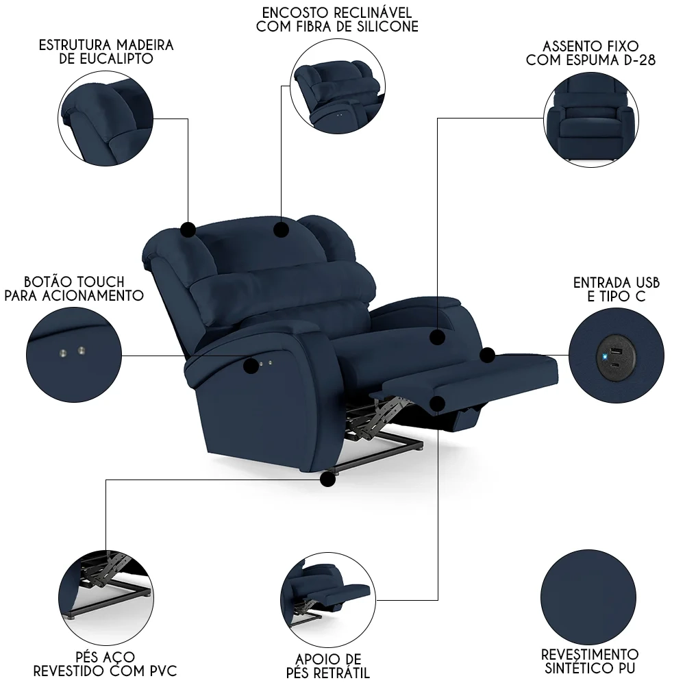 Poltrona do Papai Reclinável Kalie Power Touch USB FH9 PU Azul - Mpozenato