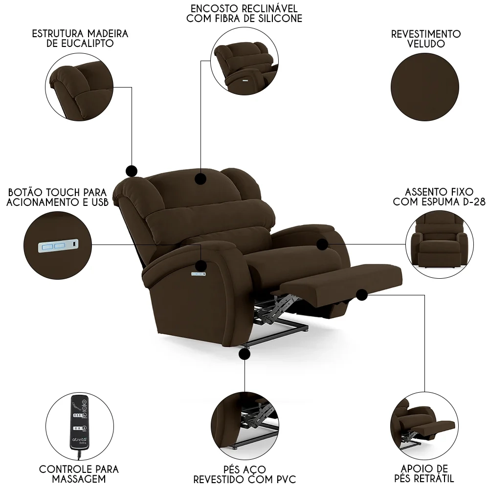 Poltrona do Papai Reclinável Kalie Elétrica Botão LED Massagem FH9 Veludo Marrom - Mpozenato