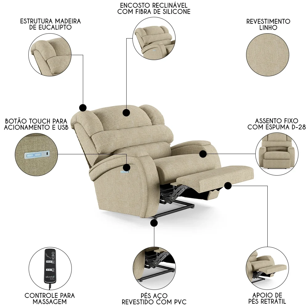 Poltrona do Papai Reclinável Kalie Elétrica Botão LED Massagem FH9 Linho Bege - Mpozenato