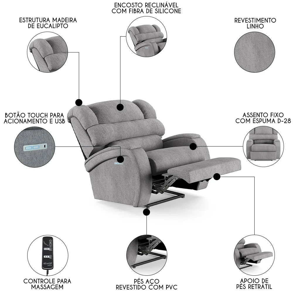 Poltrona do Papai Reclinável Kalie Elétrica Botão LED Massagem FH9 Linho Cinza - Mpozenato