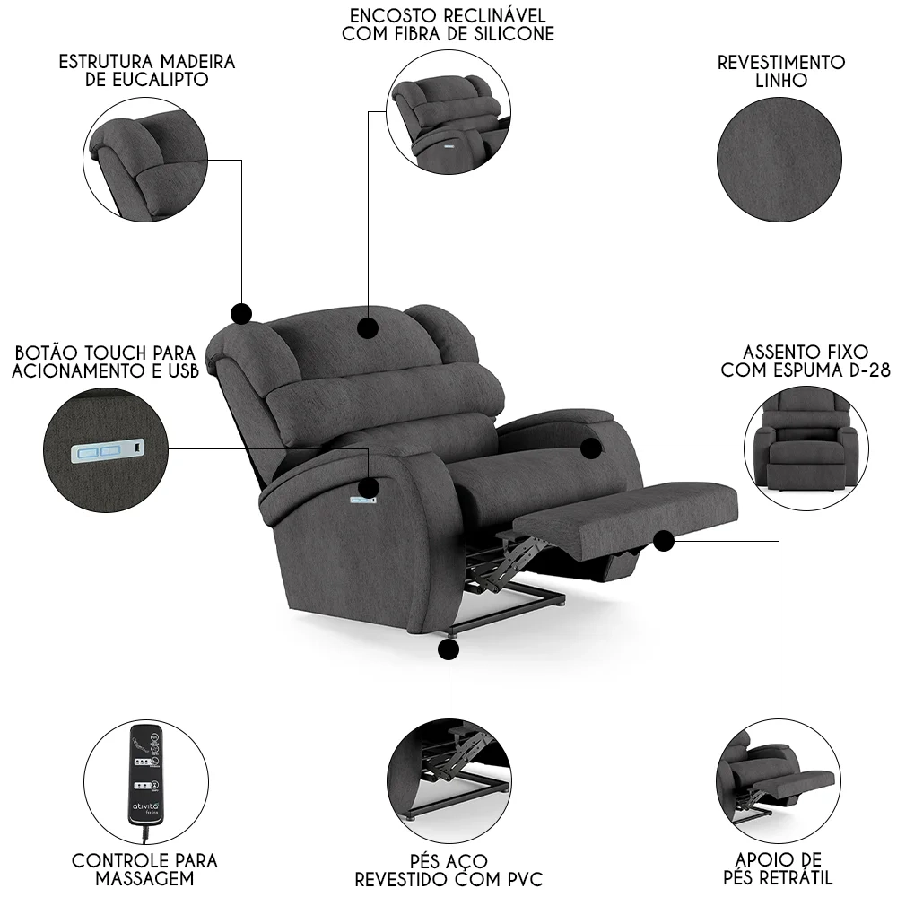 Poltrona do Papai Reclinável Kalie Elétrica Botão LED Massagem FH9 Linho Grafite - Mpozenato