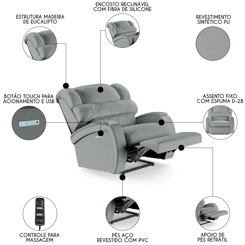 Poltrona do Papai Reclinável Kalie Elétrica Botão LED Massagem FH9 PU Cinza - Mpozenato