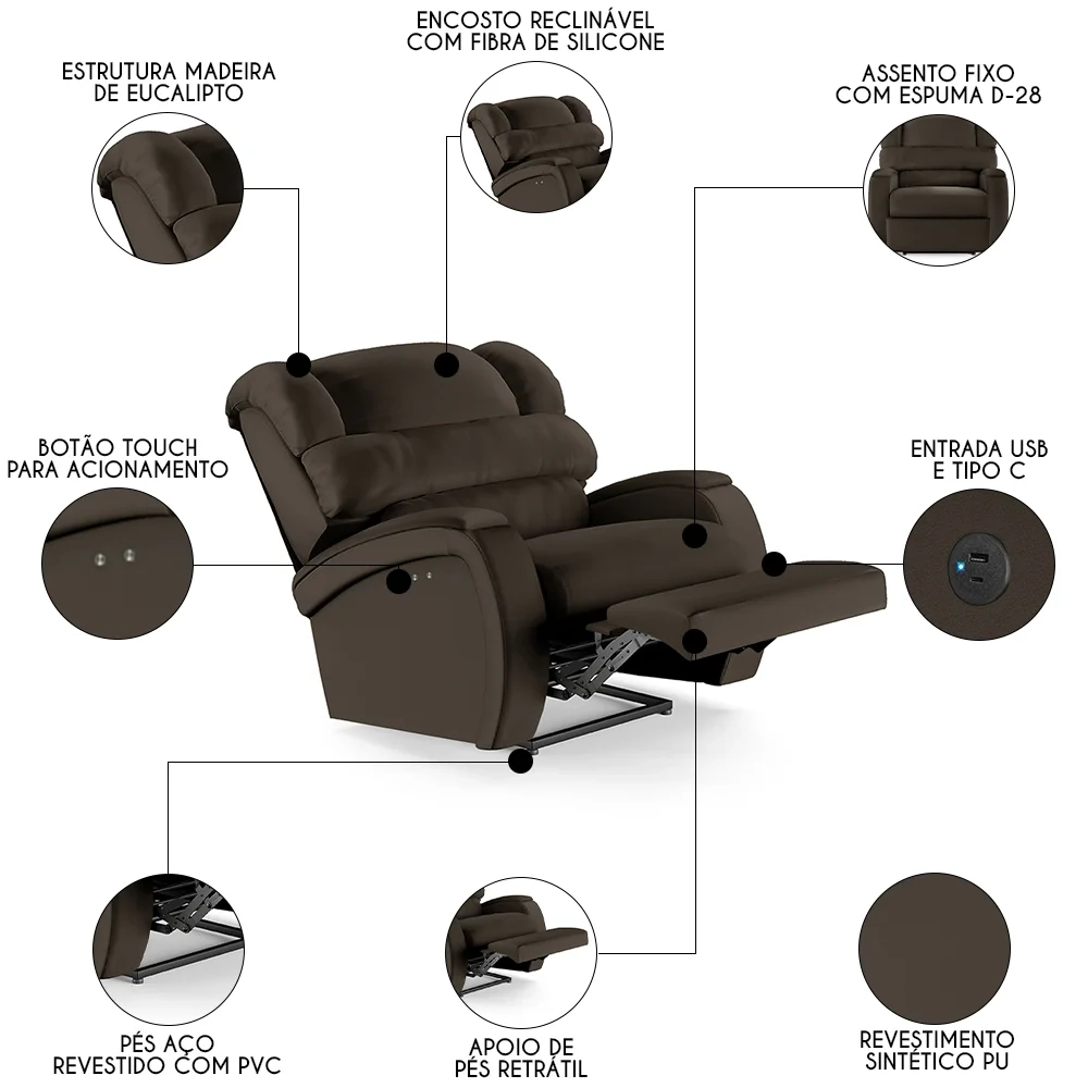 Poltrona do Papai Reclinável Kalie Power Touch USB FH9 PU Marrom - Mpozenato