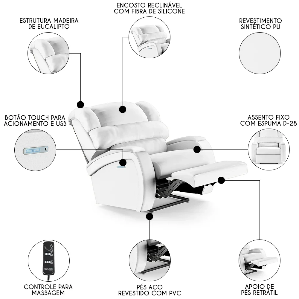 Poltrona do Papai Reclinável Kalie Elétrica Botão LED Massagem FH9 PU Branco - Mpozenato