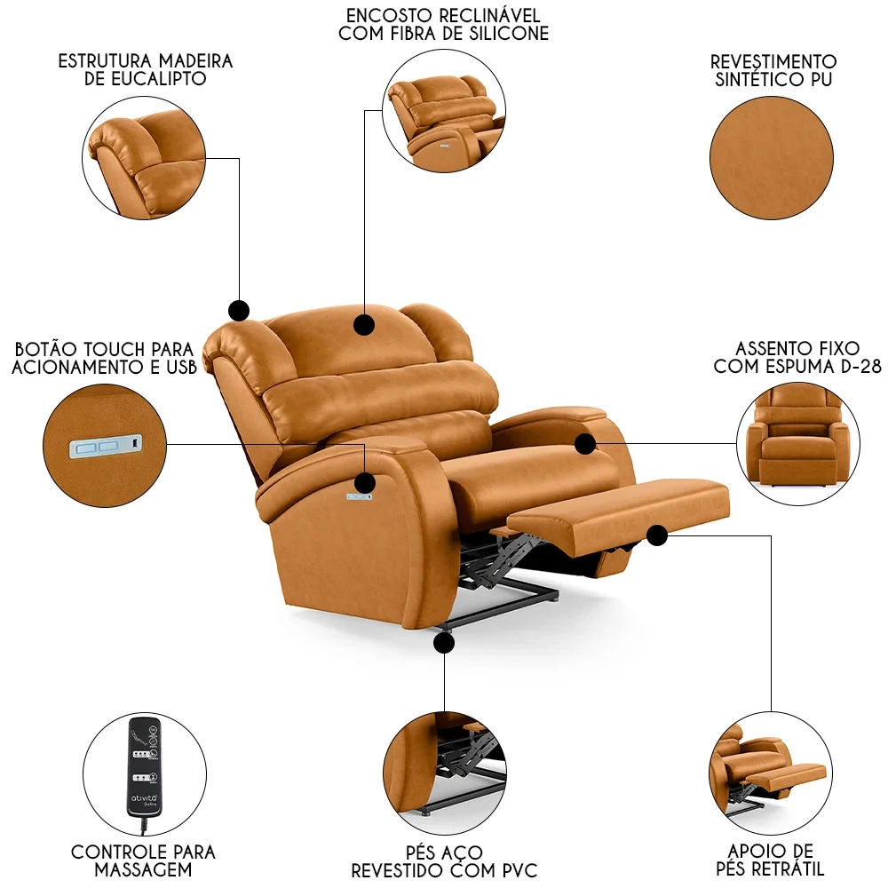 Poltrona do Papai Reclinável Kalie Elétrica Botão LED Massagem FH9 PU Whisky - Mpozenato