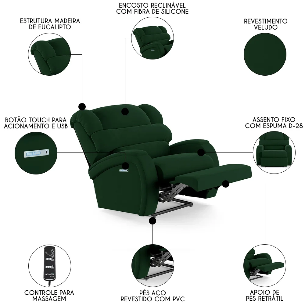 Poltrona do Papai Reclinável Kalie Elétrica Botão LED Massagem FH9 Veludo Verde - Mpozenato