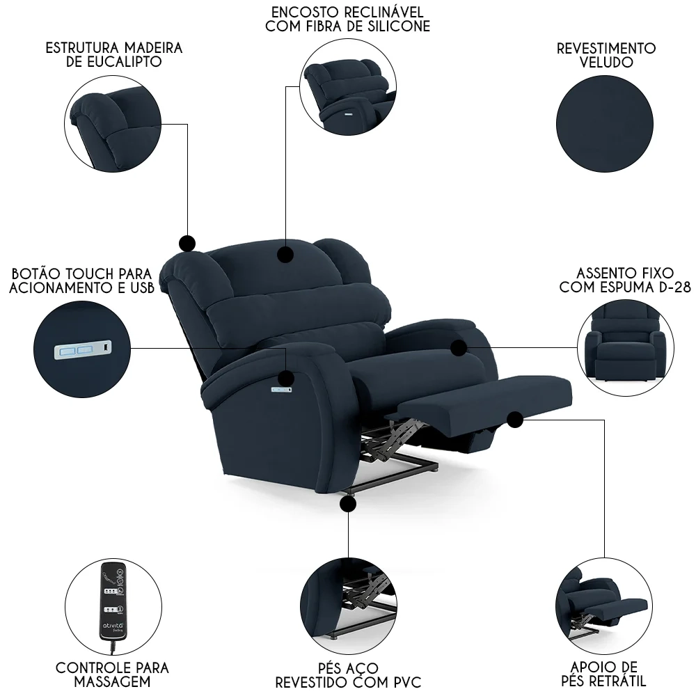 Poltrona do Papai Reclinável Kalie Elétrica Botão LED Massagem FH9 Veludo Azul - Mpozenato