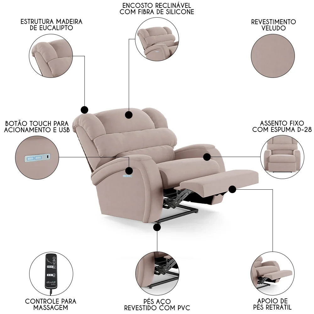 Poltrona do Papai Reclinável Kalie Elétrica Botão LED Massagem FH9 Veludo Rosê - Mpozenato