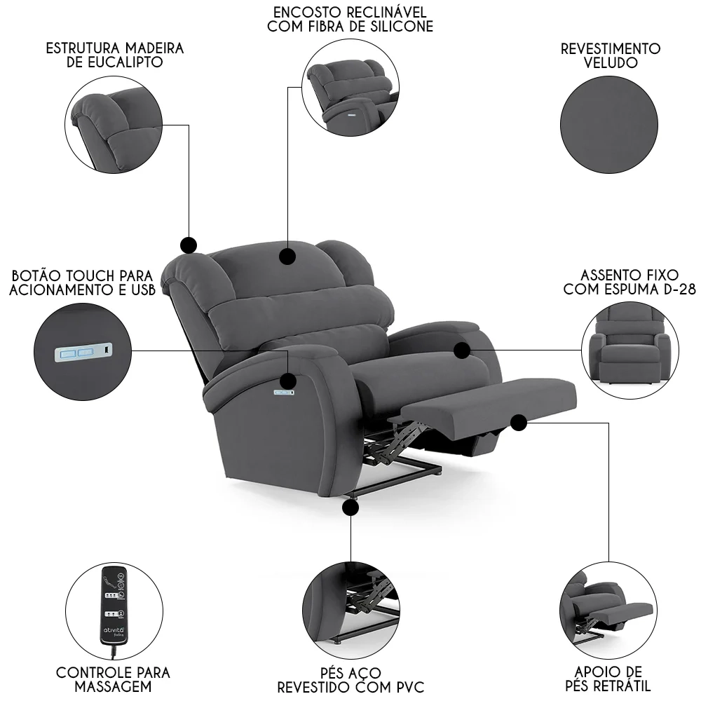 Poltrona do Papai Reclinável Kalie Elétrica Botão LED Massagem FH9 Veludo Cinza - Mpozenato