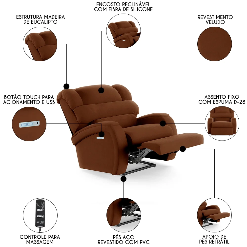 Poltrona do Papai Reclinável Kalie Elétrica Botão LED Massagem FH9 Veludo Terracota - Mpozenato