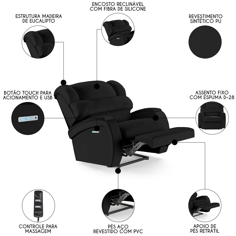Poltrona do Papai Reclinável Kalie Elétrica Botão LED Massagem FH9 PU Preto - Mpozenato