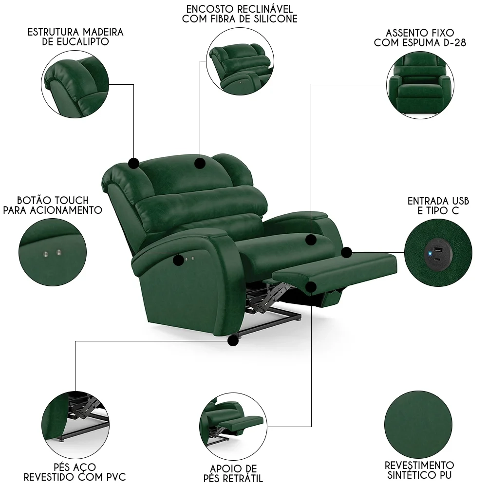 Poltrona do Papai Reclinável Kalie Power Touch USB FH9 PU Verde Musgo - Mpozenato