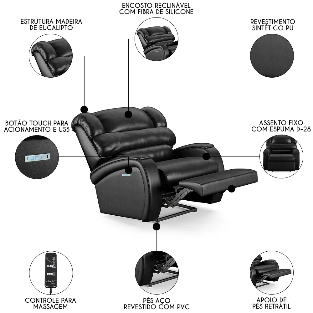 Poltrona do Papai Reclinável Kalie Elétrica Botão LED Massagem FH9 PU Preto Brilho - Mpozenato