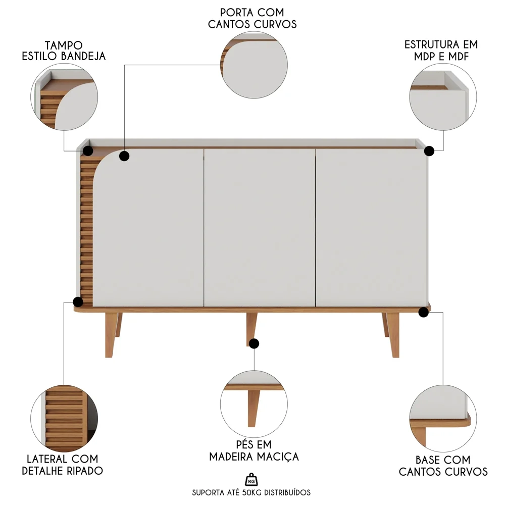 Balcão Aparador Buffet 3 Portas 136cm Madrid C05 Off White Matte/Freijó - Mpozenato