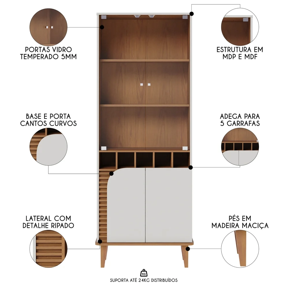 Balcão Buffet e Cristaleira com Adega Madrid C05 Off White Matte/Freijó - Mpozenato