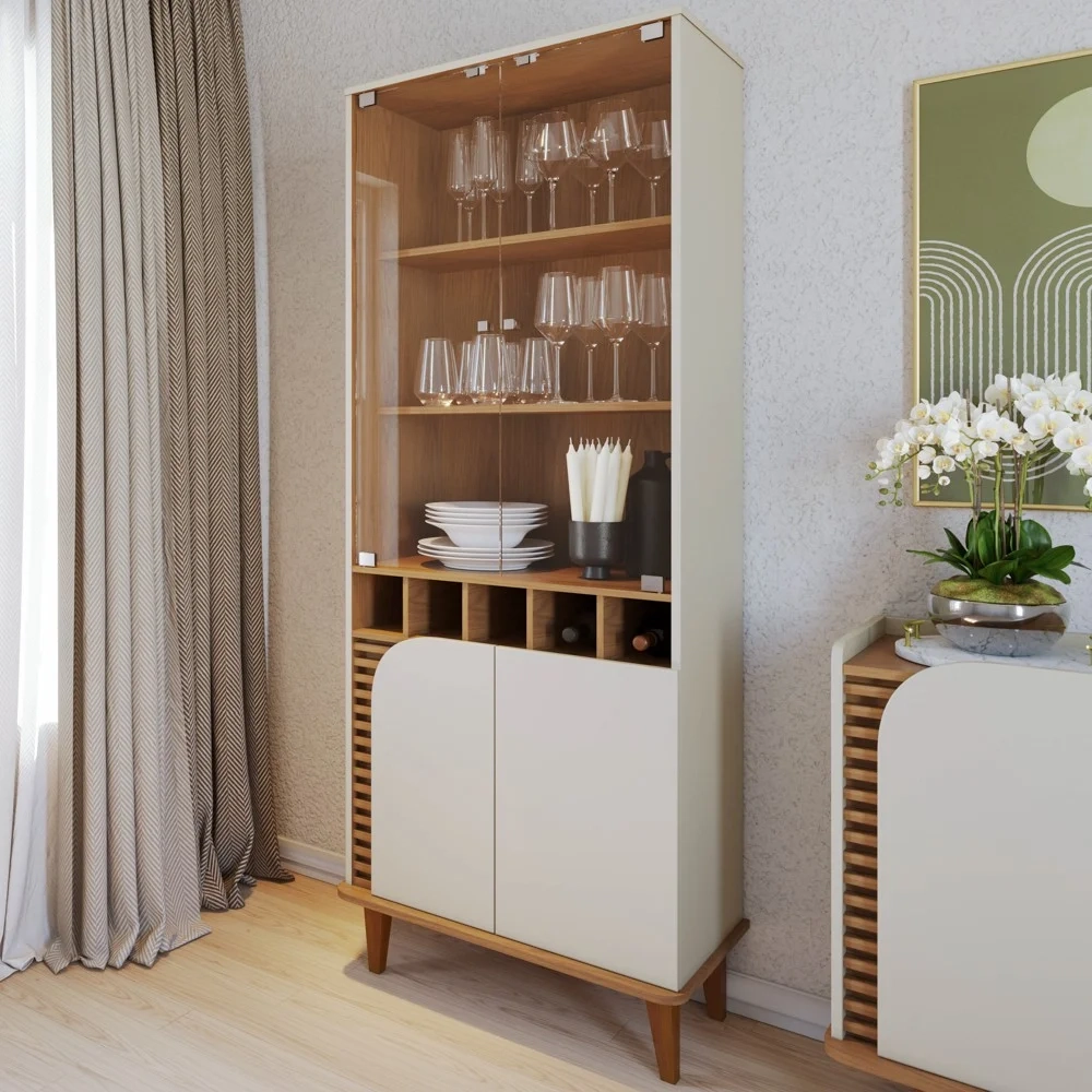 Balcão Buffet e Cristaleira com Adega Madrid C05 Off White Matte/Freijó - Mpozenato