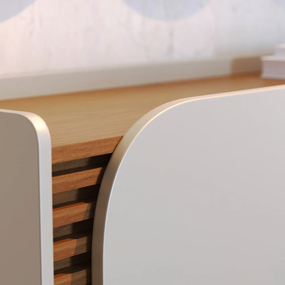 Balcão Buffet e Cristaleira com Adega Madrid C05 Off White Matte/Freijó - Mpozenato