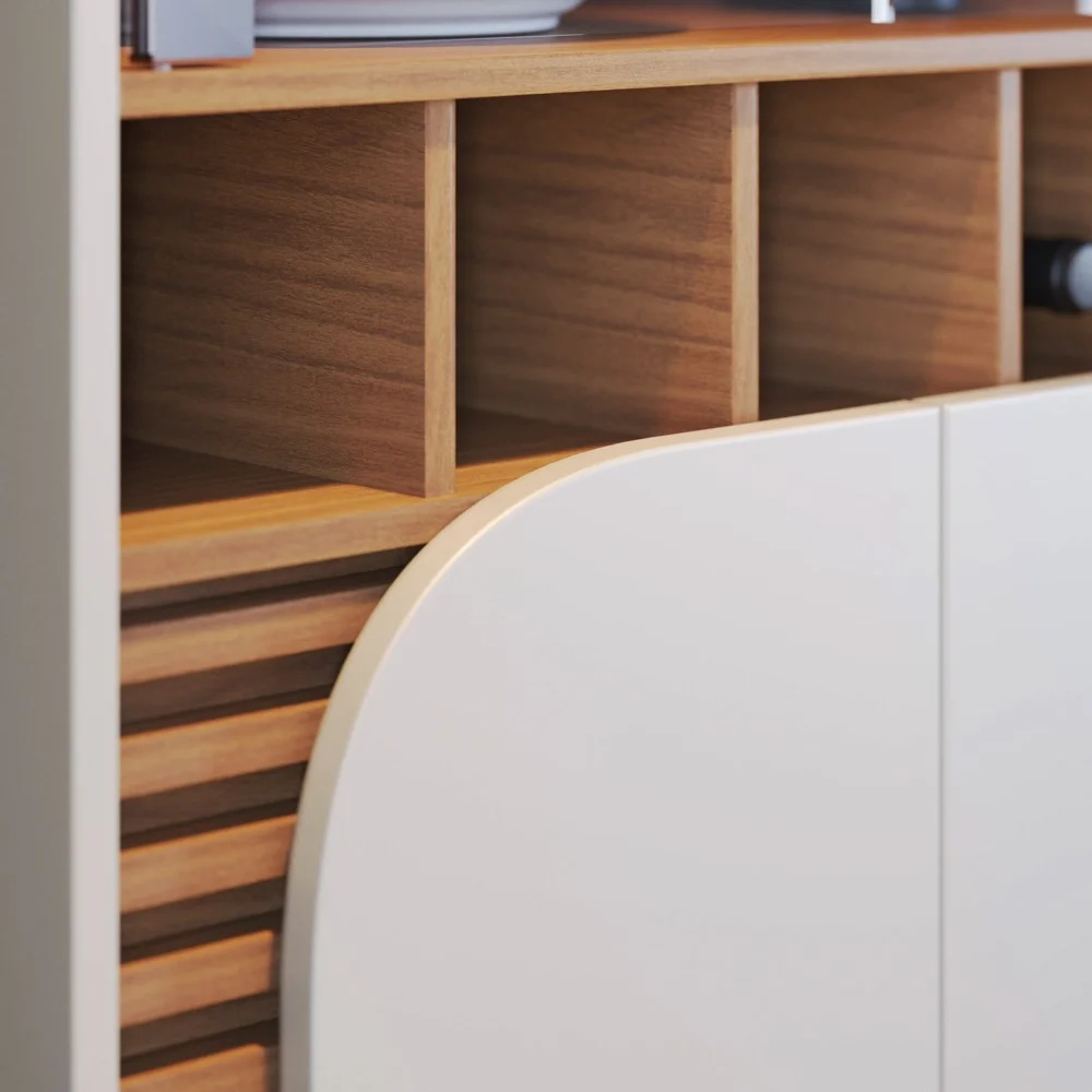 Balcão Buffet e Cristaleira com Adega Madrid C05 Off White Matte/Freijó - Mpozenato