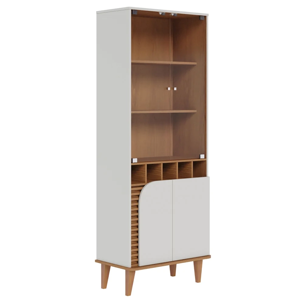 Balcão Buffet e Cristaleira com Adega Madrid C05 Off White Matte/Freijó - Mpozenato