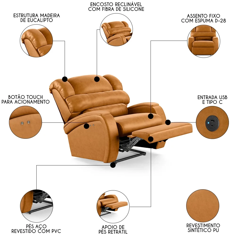 Poltrona do Papai Reclinável Kalie Power Touch USB FH9 PU Whisky - Mpozenato