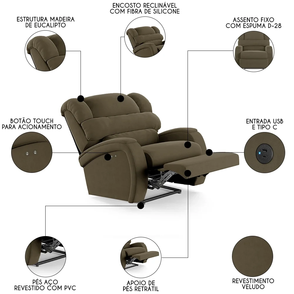 Poltrona do Papai Reclinável Kalie Power Touch USB FH9 Veludo Capuccino - Mpozenato