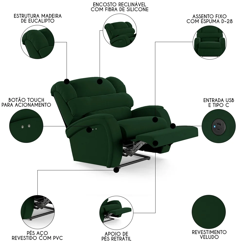 Poltrona do Papai Reclinável Kalie Power Touch USB FH9 Veludo Verde - Mpozenato