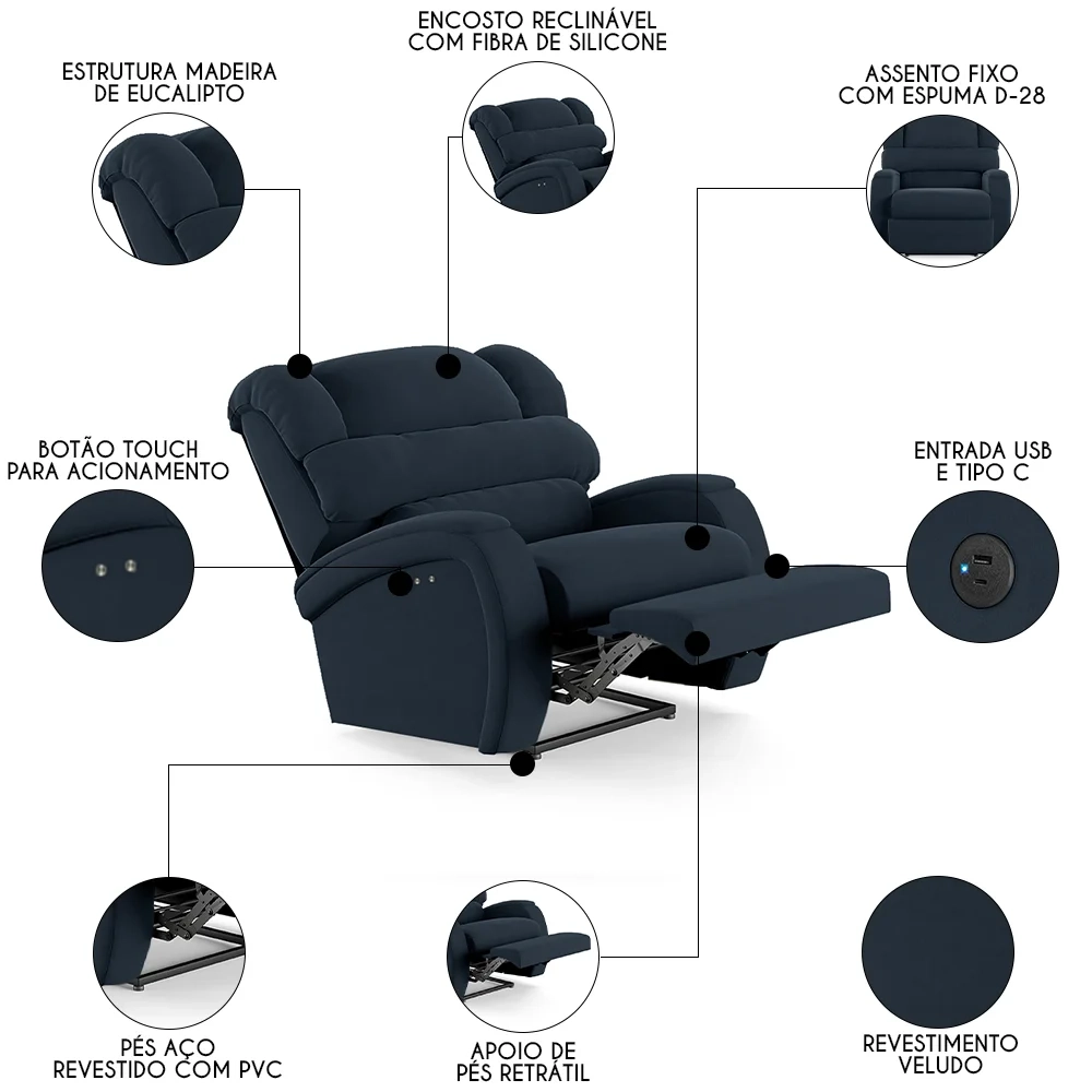 Poltrona do Papai Reclinável Kalie Power Touch USB FH9 Veludo Azul - Mpozenato