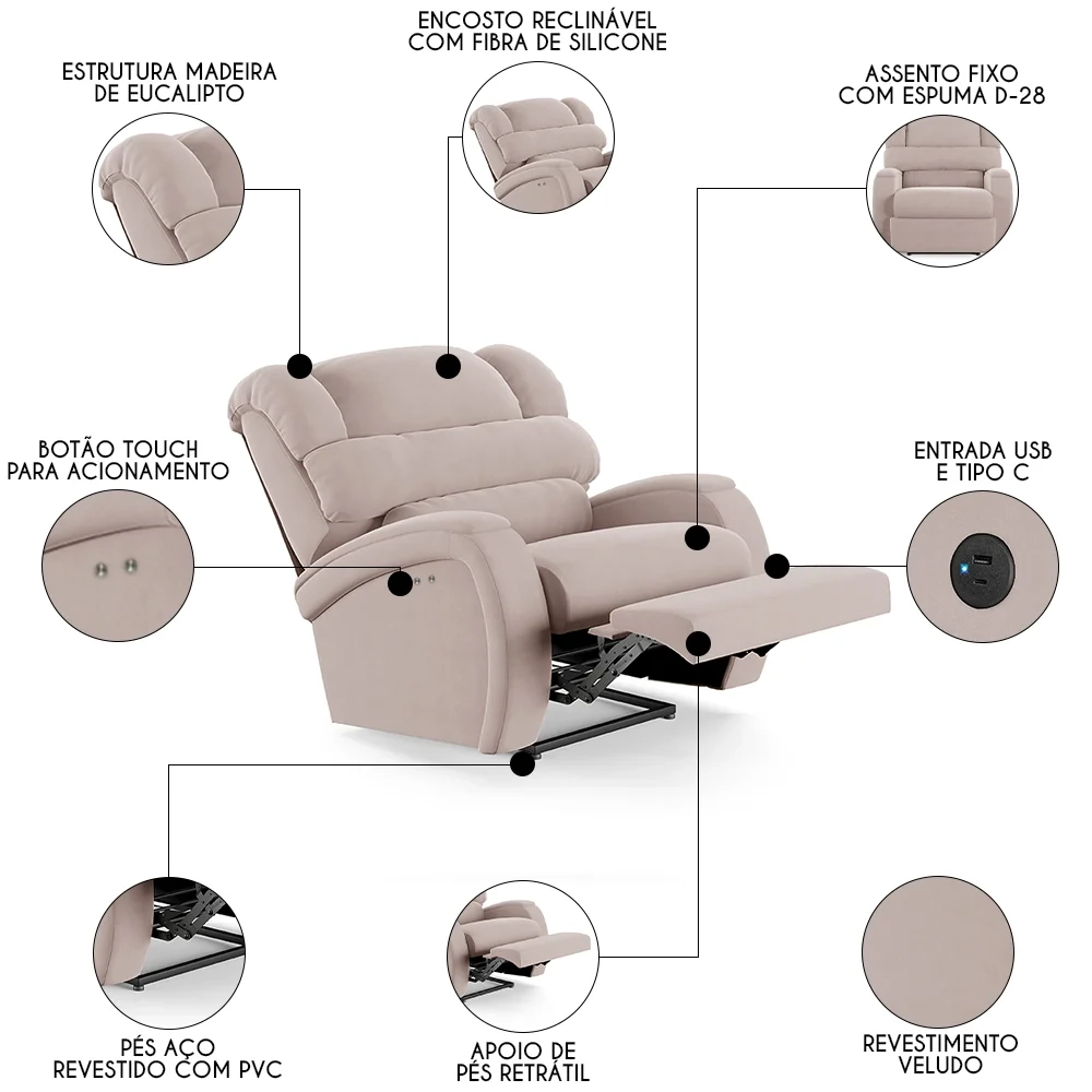 Poltrona do Papai Reclinável Kalie Power Touch USB FH9 Veludo Rosê - Mpozenato
