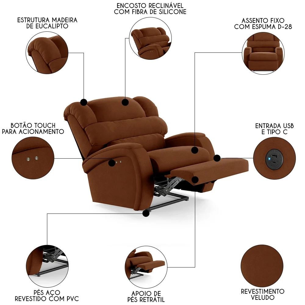 Poltrona do Papai Reclinável Kalie Power Touch USB FH9 Veludo Terracota - Mpozenato