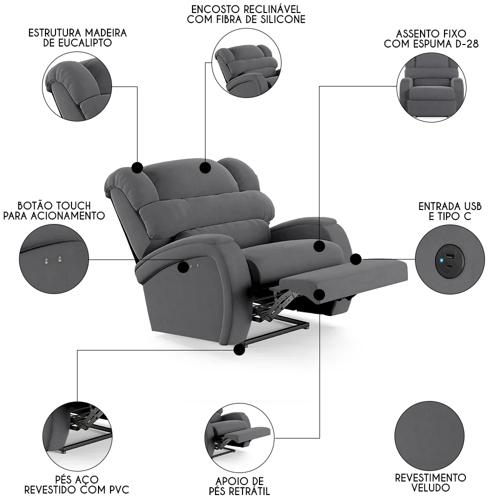 Poltrona do Papai Reclinável Kalie Power Touch USB FH9 Veludo Cinza - Mpozenato