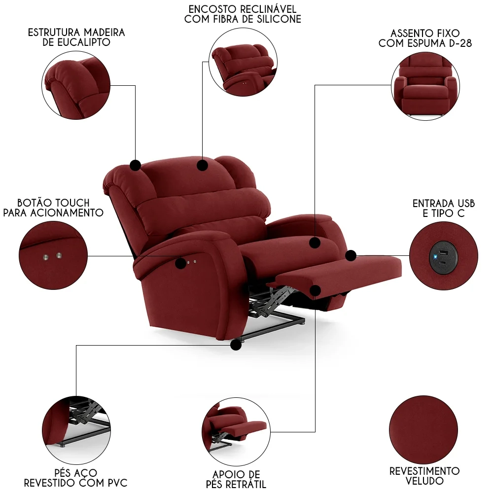 Poltrona do Papai Reclinável Kalie Power Touch USB FH9 Veludo Vermelho - Mpozenato