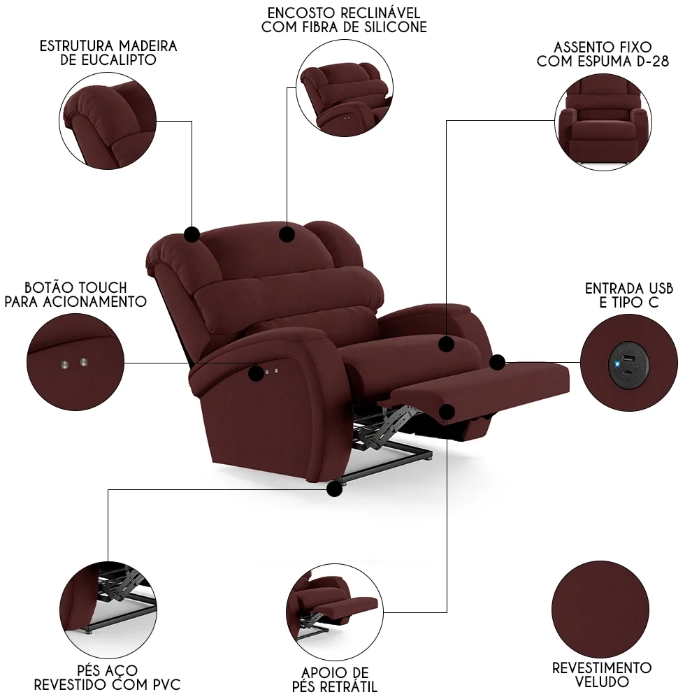 Poltrona do Papai Reclinável Kalie Power Touch USB FH9 Veludo Vinho - Mpozenato