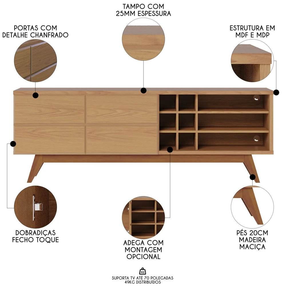 Rack para Sala Bancada de TV 70 Pol 180cm Noruega C05 Freijó - Mpozenato