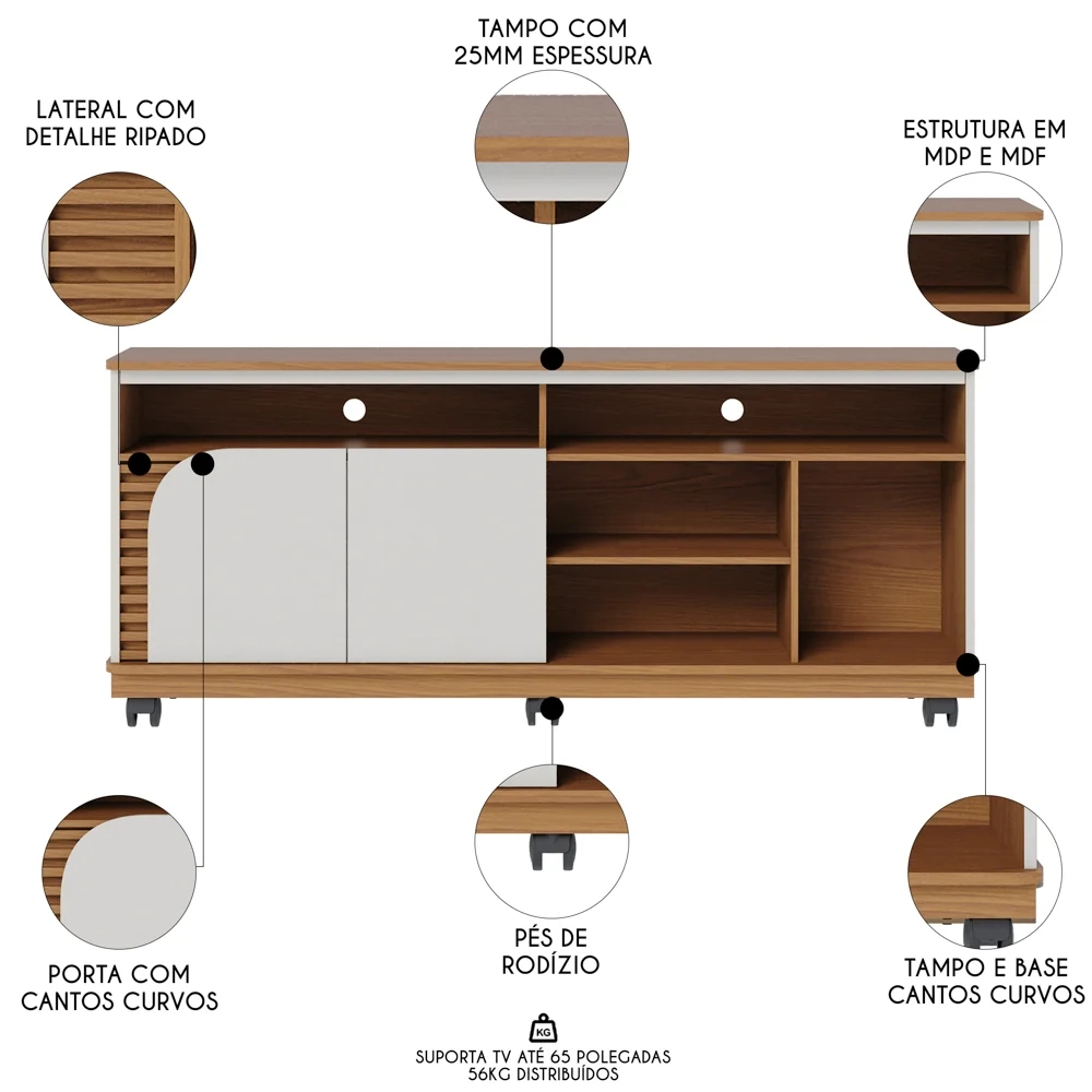Rack para Sala Bancada de TV 65 Pol 150cm Madrid C05 Freijó/Off White Matte - Mpozenato