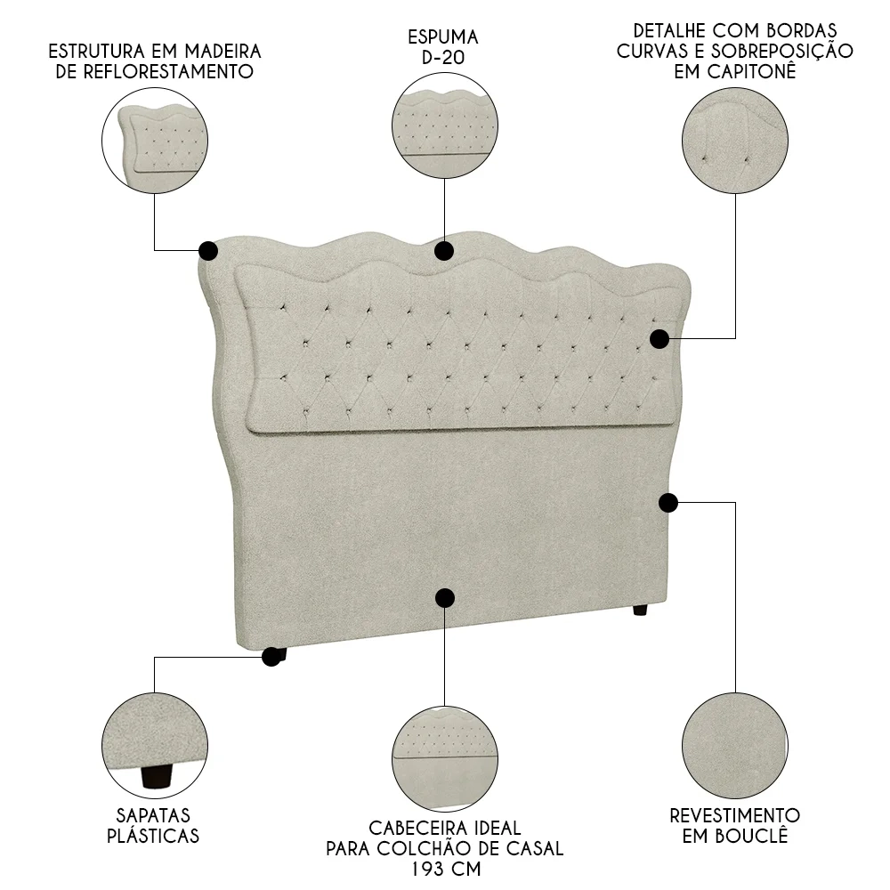 Cabeceira Casal King Cama Box 195cm Oregon Z04 Boucle Bege - Mpozenato