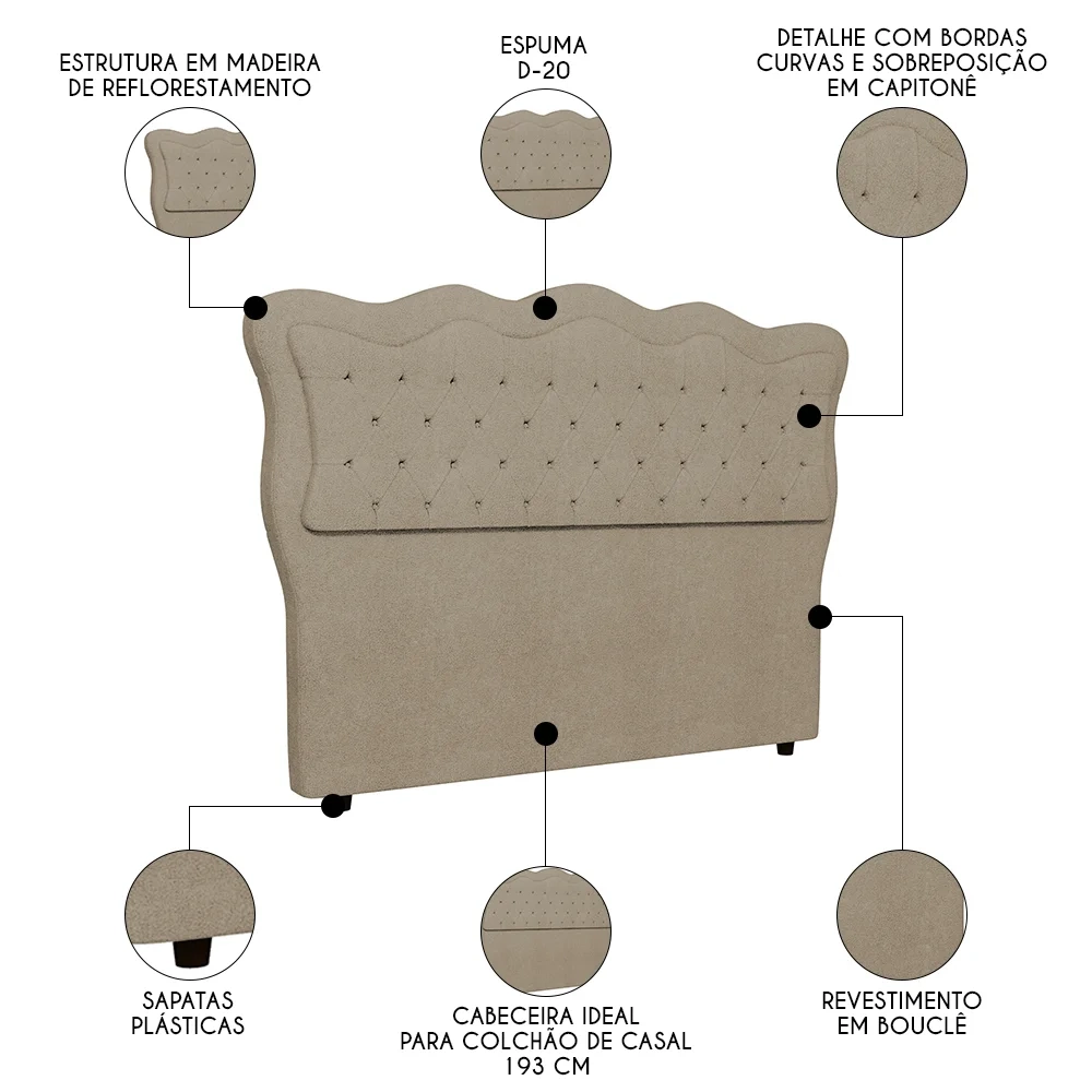 Cabeceira Casal King Cama Box 195cm Oregon Z04 Boucle Capuccino - Mpozenato