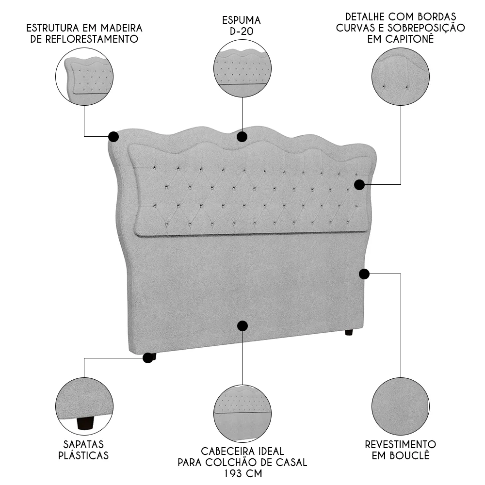 Cabeceira Casal King Cama Box 195cm Oregon Z04 Boucle Cinza - Mpozenato