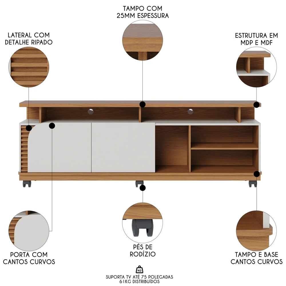 Rack para Sala Bancada de TV 75 Pol 180cm Madrid C05 Freijó/Off White Matte - Mpozenato