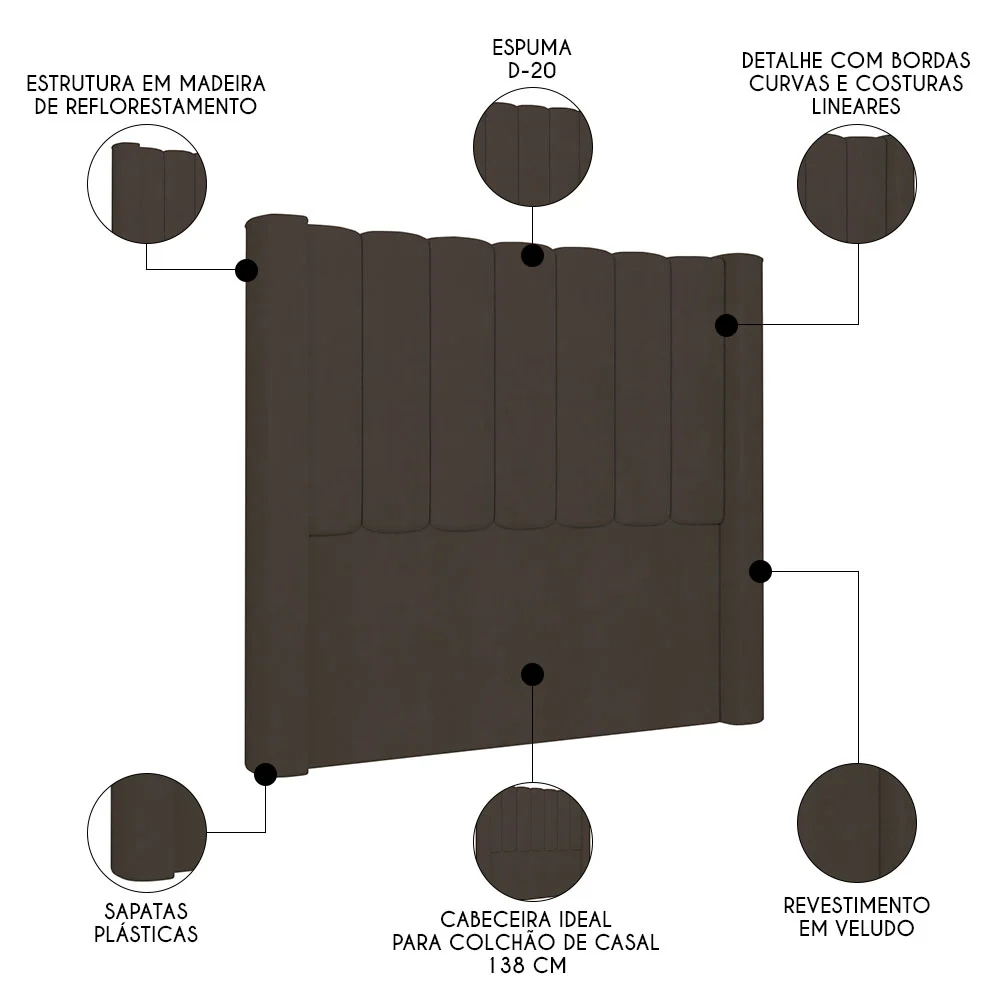 Cabeceira Casal Cama Box 140cm Claire Z04 Veludo Marrom - Mpozenato